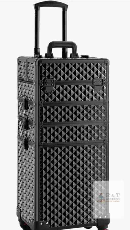 NEW Black Geometric Rolling Makeup Train Case, 30.7" Tall, 4 Stackable Sections, MISSING WHEELS