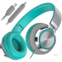 Over-Ear Headphones Wired USB-C, In-Line Remote Mic, Turquoise/Gray, Padded Faux Leather Earpads