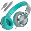 Over-Ear Headphones Wired USB-C, In-Line Remote Mic, Turquoise/Gray, Padded Faux Leather Earpads