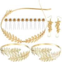 Elegant Gold-tone Leaf Bridal Jewelry & Hair Accessories Set with Headband, Bracelets, Earrings, and Hair Pins