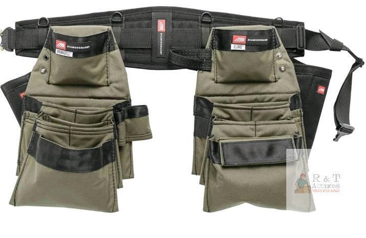 New Diamondback Denali Tool Belt System, Right Hand, Ranger Green, M<br/>Elias & Wrangell pouches + hammer & flat bar holsters on the 6 in. Classic base - 8 pockets, 16 slots, 6 loops . Retail $530