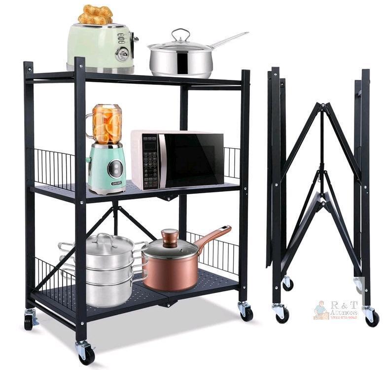 NEW Foldable 3-Tier Metal Kitchen Utility Storage Rack with Wheels, 28" x 13.4" x 35.6"