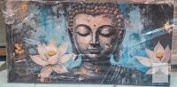 NEW Large Framed Buddha Canvas Wall Art, 39"x20", Blue & Gold, Ready to Hang, Barcode X004RZ2DHX