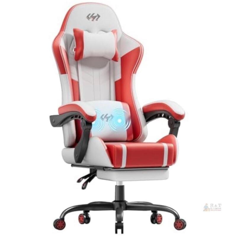 NEW White/Red HLDirect DY-04-WHRD Ergonomic Gaming Chair, Footrest, Massage, 330lb Capacity