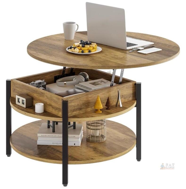 NEW FABATO CT007-RB Round Lift-Top Coffee Table with Storage, Rustic Brown, 26.77" Diameter