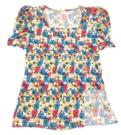 New Size LG Women's Kissmoda Summer Floral Ruched Sleeve Blouse Top With Stretch X004GZFT19