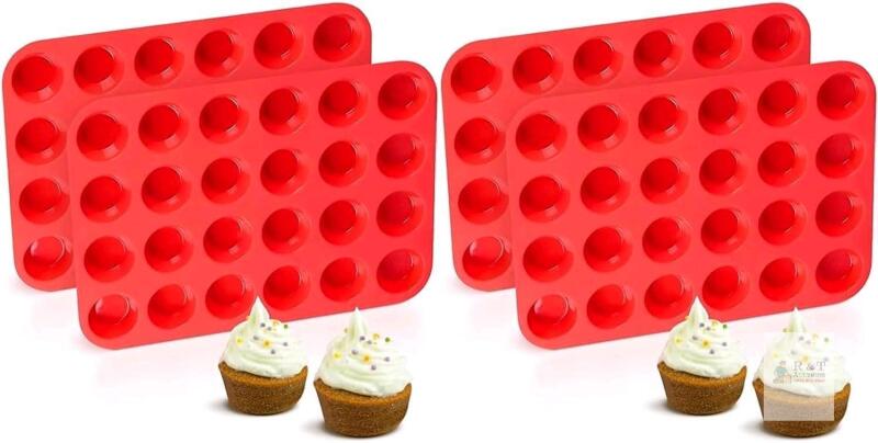 4 New 24-Mini Cups Silicone Muffin Pans, Reusable Cupcake Baking Pan Moulds, Nonstick BPA Free Silicone, 8.9" &times; 13" Each
