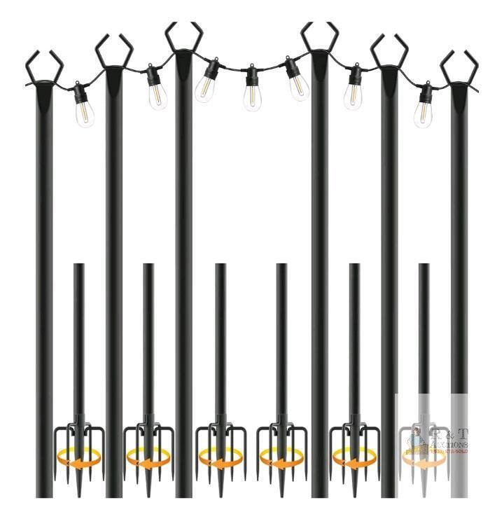 new 10 ft Black Metal String Light Poles, Set of 8, with 3-Prong Fork Base for Outdoor Use