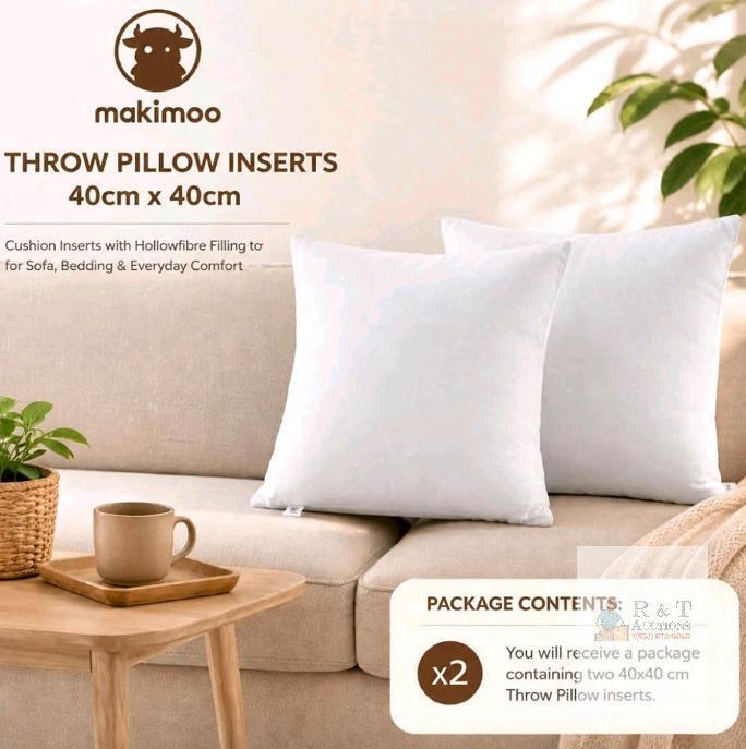 NEW Makimoo Throw Pillow Inserts 15.7"x15.7" Pair, Hollowfibre, White, Sofa & Bedding Cushions, 2-Pack