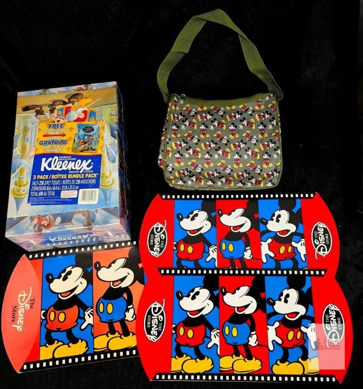 Disney Mickey Mouse Shoulder Bag, Classic Print, w/ 3pk Kleenex & Disney Store Displays Bundle