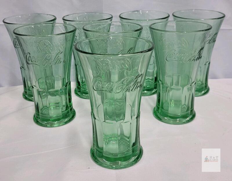 8 Coca-Cola 16oz Light Green Embossed Glasses, Classic Tapered Soda Fountain Style, 6" Tall