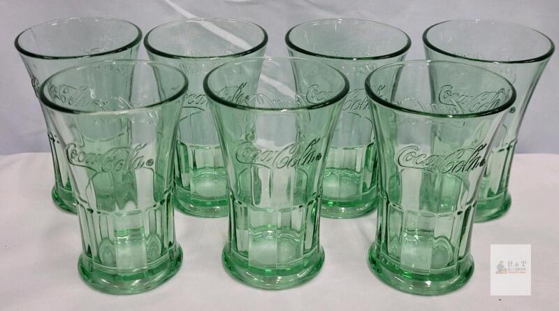 7 Coca-Cola Classic Glass Tumblers, 16.75 oz, Embossed Logo, Light Green Tint