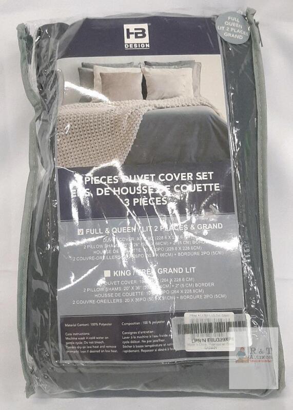 HB Design 3-Piece Duvet Cover Set, Full/Queen, Gray, 100% Polyester, 90"x90", Pillow Shams
