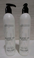 New, 2 Bottles of Alice & Co Botanicals Moisturizing Body Wash, in Lavender & Ecalyptus. One of the spouts is broken but does not leak