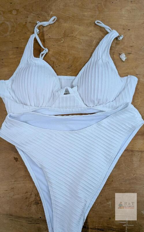 White Ribbed Bikini, Size Large, 2-Piece Set, Padded Adjustable Top,