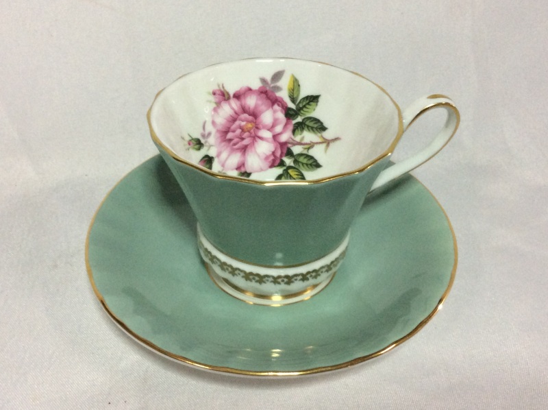Vintage Aynsley Cup & Saucer Green with Rose