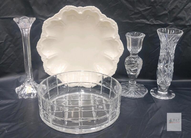 Nachtmann Crystal Vases, Bowl, Candlestick Holder & White Ceramic Serving Plate