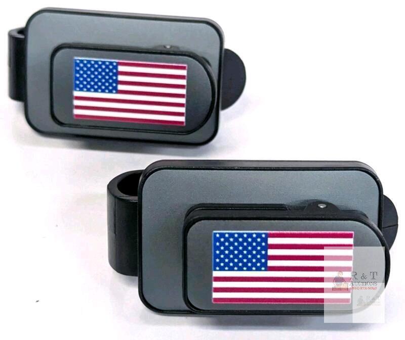 NEW Set of 2 Black Car Sun Visor Sunglasses Clips with American Flag Sticker