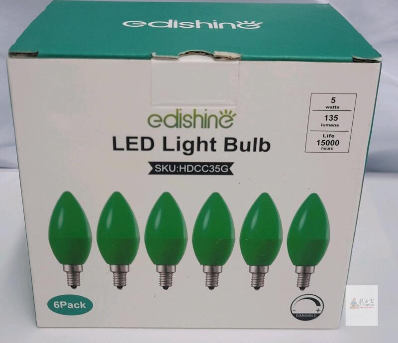 EDISHINE C35 Green LED Light Bulb 6-Pack, 5W, E12 Base, Dimmable, 135 Lumens, 15,000 Hour Life