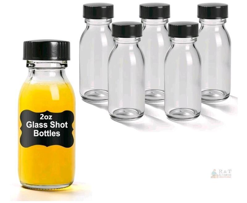 NEW VOLCANOES CLUB 2oz (60ml) Clear Glass Shot Bottles with Black Screw Lids, Boxed, Food Grade