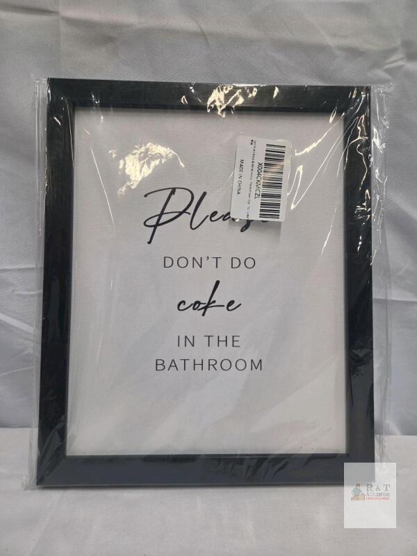 NEW Senlifa APPROX 10"x8" Humor Bathroom Framed Sign, Black & White, Please Don't Do Coke, Sawtooth Mount