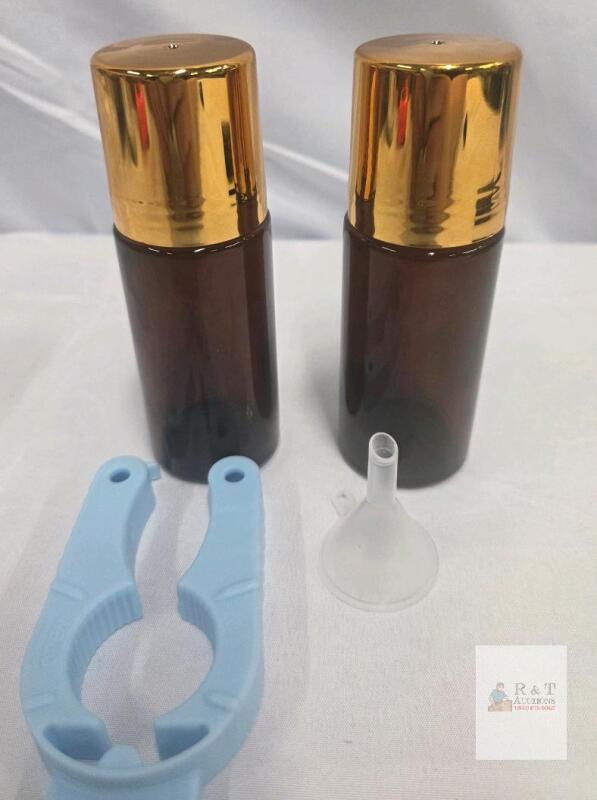 NEW Amber Glass 10ml Roller Bottles with Rose Quartz Rollerball, Gold Cap, 2-Pack, Accessories Included