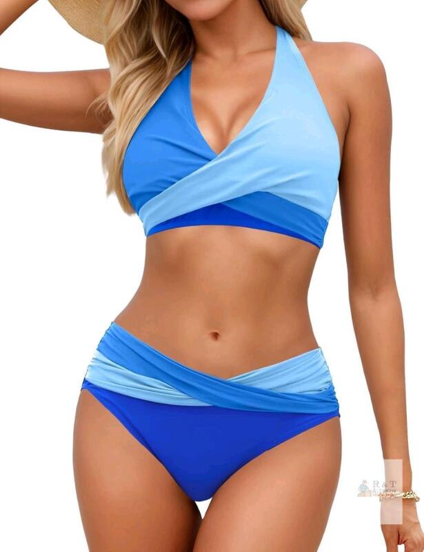 Sopliagon Blue Crisscross High Waist Bikini Set, Size Large, Nylon Spandex, Halter Top, New with Tag