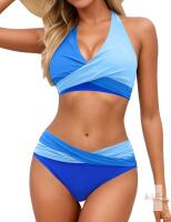 Sopliagon Blue Crisscross High Waist Bikini Set, Size Large, Nylon Spandex, Halter Top, New with Tag