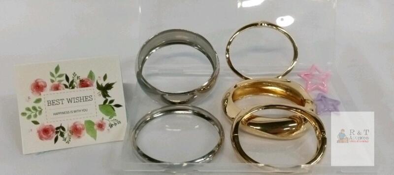 NEW ADULT SIZE Two-Tone Bangle Bracelet Set &ndash; 5 Pieces, Alloy Metal, Gift Box, Silver & Gold-Tone, Slip-On Style