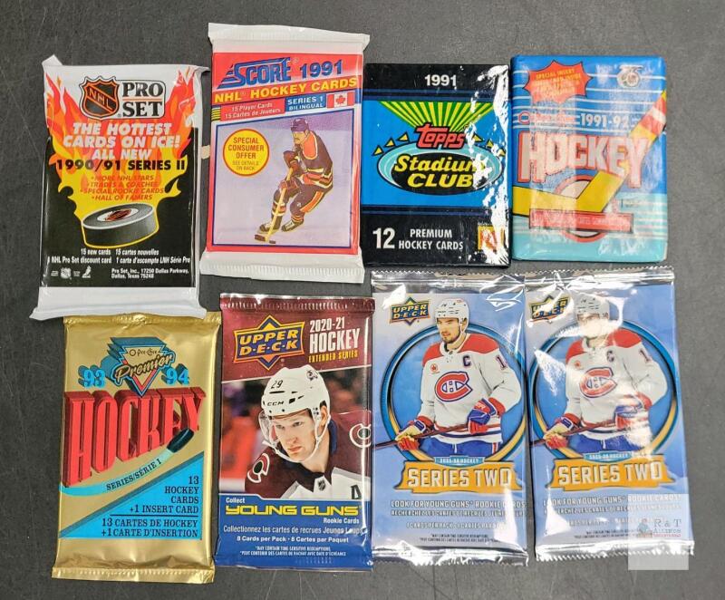 Lot of 8 Sealed NHL Hockey Card Packs &ndash; Pro Set, Score, Topps, O-Pee-Chee, Upper Deck, 1990&ndash;2026