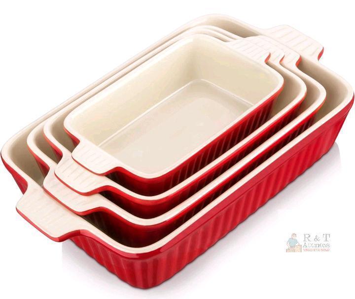 new MALACASA Series Bake 4-Piece Red Porcelain Rectangular Baking Dish Set with Integrated Handles