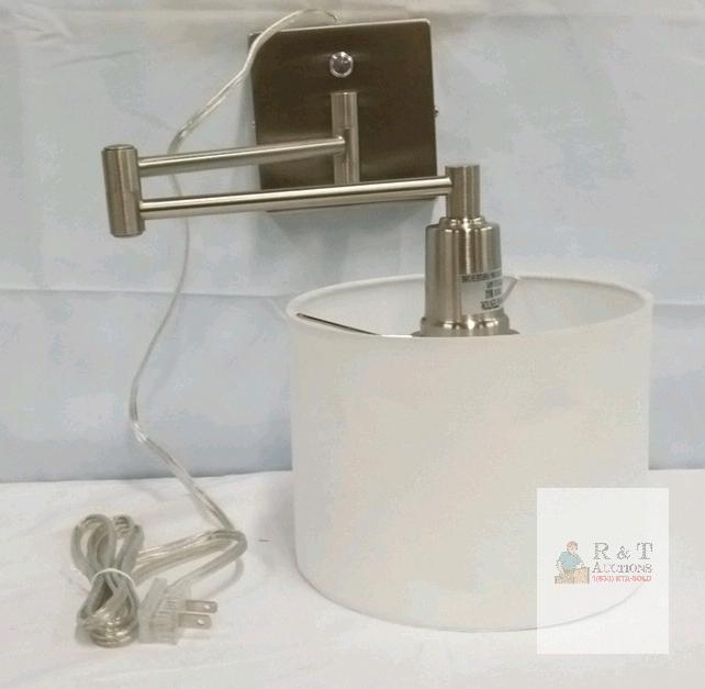 Brushed Nickel Swing Arm Wall Lamp with White Fabric Shade, Plug-In, Adjustable Arm No box Good condition Slight dents to shade Tested for power