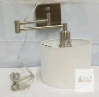 Brushed Nickel Swing Arm Wall Lamp with White Fabric Shade, Plug-In, Adjustable Arm No box Good condition Slight dents to shade Tested for power