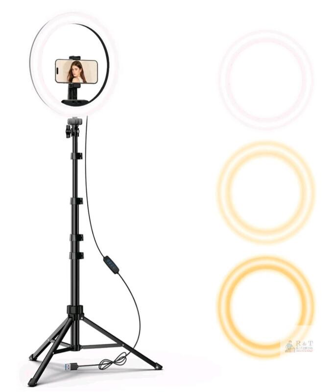 10-Inch Ring Light with Adjustable Tripod, USB-Powered, 3 Color Modes, Smartphone Holder