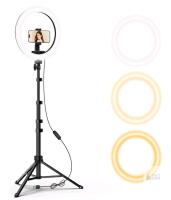 10-Inch Ring Light with Adjustable Tripod, USB-Powered, 3 Color Modes, Smartphone Holder