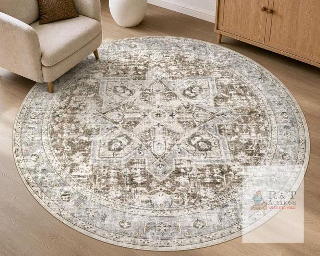 NEW Tortania 6' Round Area Rug L21068 - Brown Blue, Polypropylene, Vintage Medallion Design