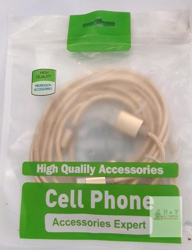 Gold 4ft Braided USB-A to Lightning iPhone Charging Cable, 1 Year Warranty, RoHS, New in Package