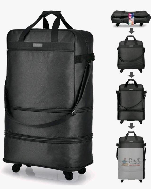 NEW Hanke 90L Expandable Rolling Duffel Bag, Black, Spinner Wheels, Foldable, Multi-Handle, 17.72"x31.49"