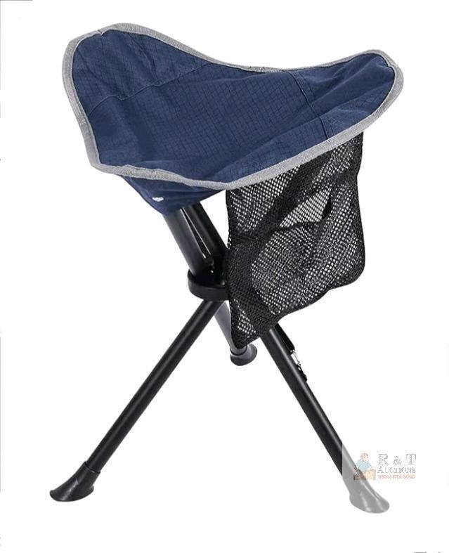 NEW Portable Folding Camp Stool, Steel Tripod Frame, 14"x17"x24", Mesh Pocket & Carry Strap