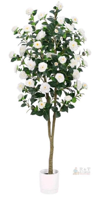 NEW Artificial Camellia Tree, 5 ft Tall, White Flowers, Silk/Plastic, 10 in Pot, Indoor D&eacute;cor