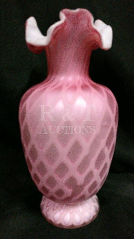 Pink Satin Blown Glass Vase with Ruffled Top - 8" Tall
