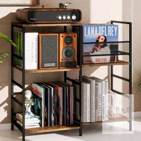 NEW HDG006-WOD Record Player Stand with Mesh Partition and LP Rack