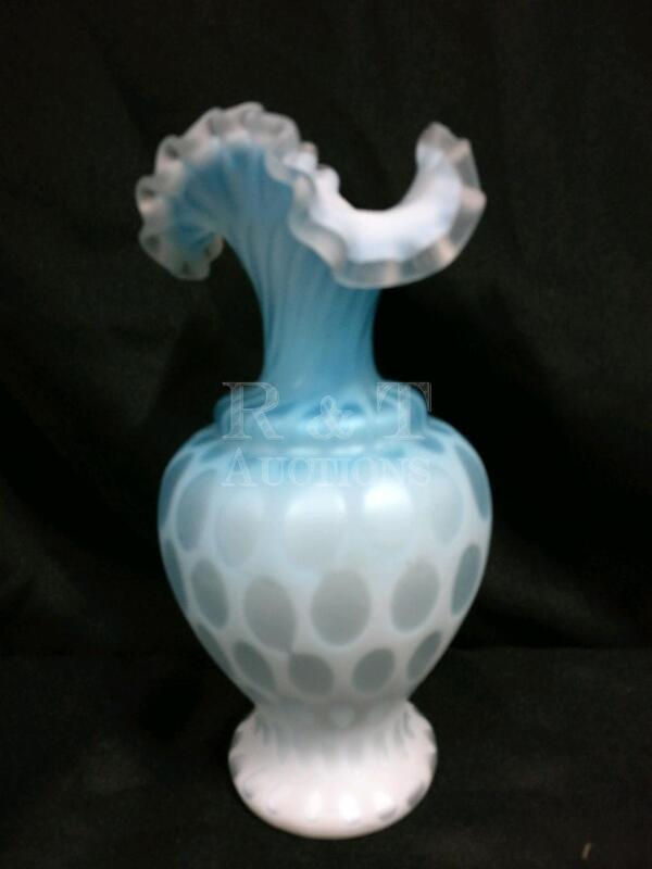 Blue Satin Blown Glass Vase with Ruffled Top - 9" Tall