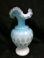 Blue Satin Blown Glass Vase with Ruffled Top - 9" Tall