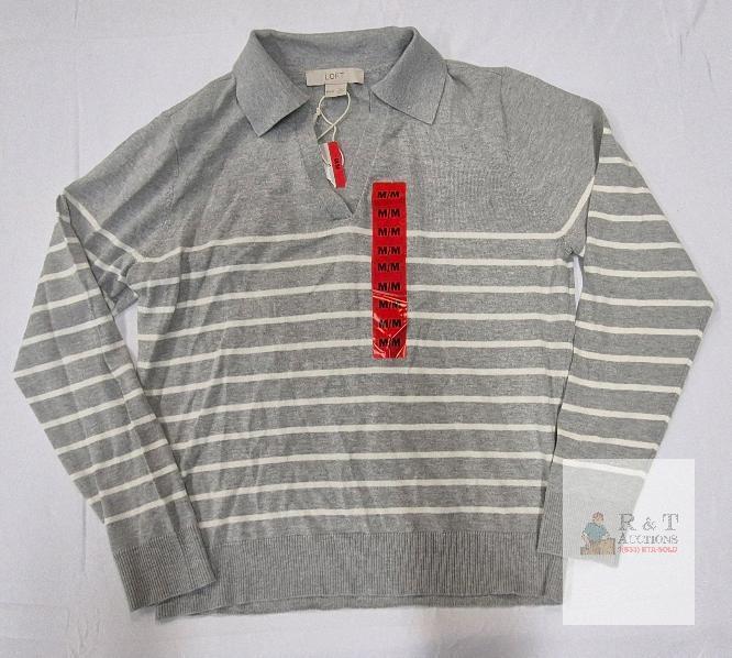 NEW LOFT Women's Medium Gray Striped Collared Pullover Sweater, Long Sleeve, New with Tags