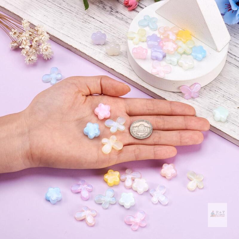 140Pcs Acrylic Butterfly Flower Beads Assorted Cute Butterfly Flower Glitter Beads 14 Styles Colorful Insect Floral Spacer Beads for DIY Bracelet Keychain Jewelry Making