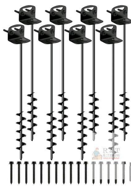 NEW 25.5" Steel Ground Anchor Kit, Auger Type with Multi-Functional Brackets, Set of 8, Black Finish