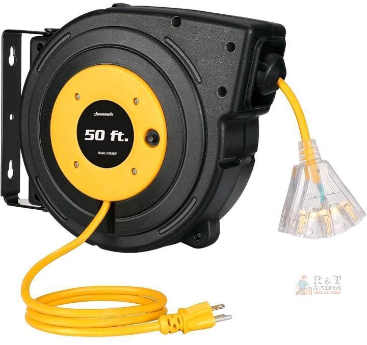 NEW Dewenwils HCR340F 50 ft Retractable Extension Cord Reel, 14/3 AWG, 13A, 125V, Triple Outlet