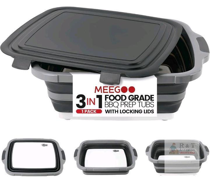 Meegoo Collapsible BBQ Prep Tub with Locking Lid, 3-in-1 Design, 3-Gallon Capacity