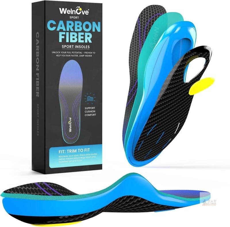 New Carbon Fiber Sport Insoles with Arch Support - Welnove Shock Absorbing Performance Insoles for High Impact Sport- Energy Return,Increased Performance and Injury Protection-Not for Tight Shoes (3-4 Men / 4.5-5.5 Women) | Shock absorbing, high impact s
